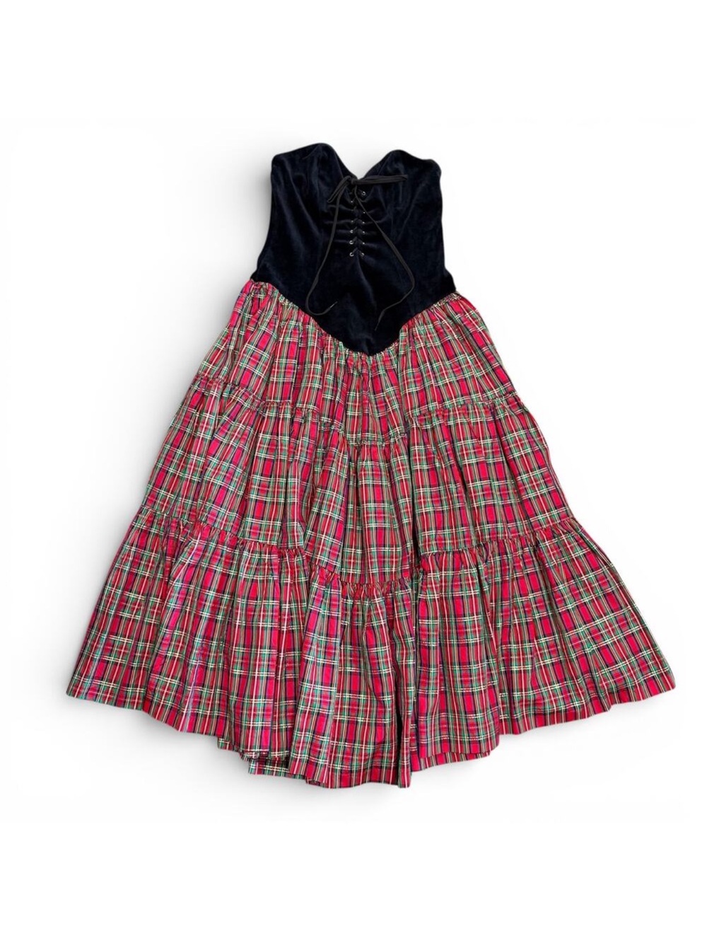 1980's Betsey Johnson Punk Label Long Red & Black Plaid Strapless Dress - Picture 2 of 4